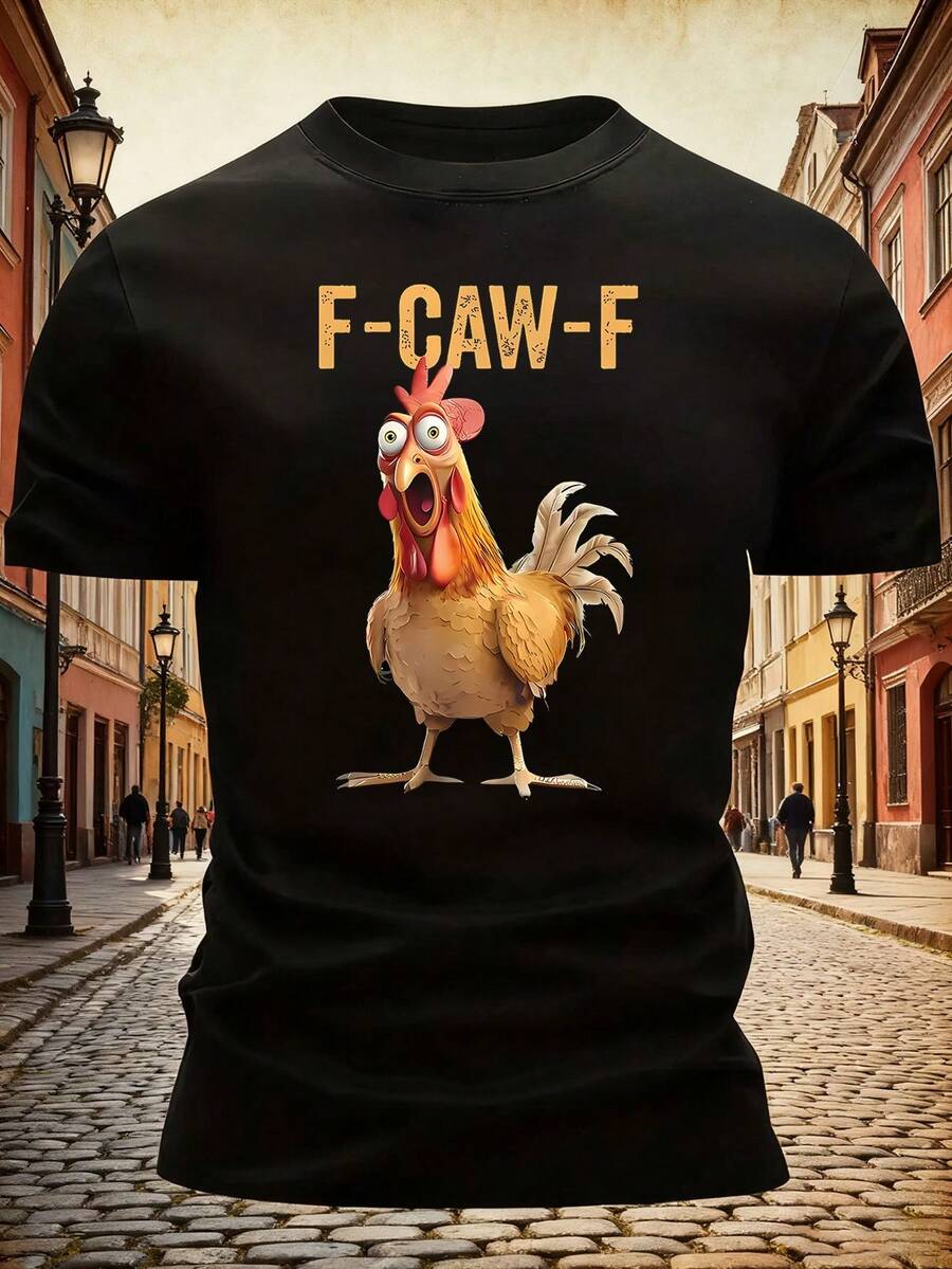 Men's Short Sleeve T-Shirt With Funny Rooster Print "F - CAW - F", Casual Crew Neck Top, Funny Style Men's Clothing For Daily Wear, Crazy Rooster Meme T-Shirt, Screaming Rooster T-Shirt, Short Sleeve Rooster Meme T-Shirt. - 黑色 - 查看 1