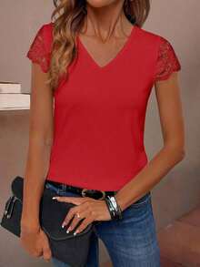 Camiseta de manga corta con parche de encaje en color liso, versátil y casual - Rojo - Ver 3