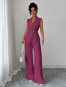 Conjunto de oficina elegante para mujer, compuesto por una chaqueta blazer sin mangas con cuello y bajo asimétrico, con hebilla metálica en la cintura, combinada con pantalones de cintura elástica.Conjunto de 2 piezas elegante para primavera/verano, atuendo formal y de clase para mujer. - Rojo violeta - Ver 6