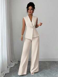 Conjunto de oficina elegante para mujer, compuesto por una chaqueta blazer sin mangas con cuello y bajo asimétrico, con hebilla metálica en la cintura, combinada con pantalones de cintura elástica.Conjunto de 2 piezas elegante para primavera/verano, atuendo formal y de clase para mujer. - Albaricoque 2 - Ver 6