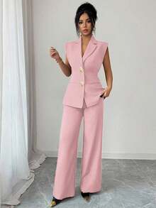 Conjunto de blazer de unicolor con decoración de hebilla metálica y bolsillo falso + pantalones rectos de cintura alta y sueltos, estilo vintage francés elegante para oficina, viajes, negocios, casual, citas, primavera/verano - Rosa - Ver 3