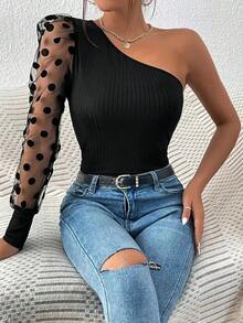 Privé Camiseta De Hombro Único De Malla De Dobby De Contraste Negro Con Mangas Gigot - Negro - Ver 6