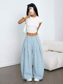 Pantalones anchos de verano con dobladillo curvo verde, estilo vintage, casual y para salir - Celeste 2 - Ver 3