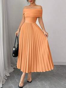 Vestido de mujer con hombros descubiertos y cintura plisada - Naranja - Ver 5
