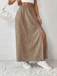 Falda De Verano Para Mujeres Con Estampado Floral Pequeño Y Abertura De Muslo - Caqui - Ver 5