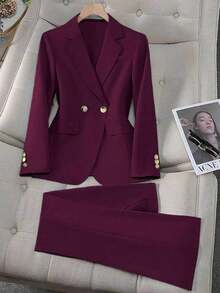 Conjunto de blazer y pantalón de bolsillo de unicolor azul con botones dorados y cuello entallado elegante para mujer, versátil para otoño/invierno - Burdeos - Ver 3