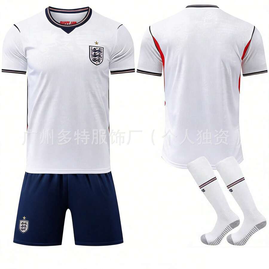 Conjunto de equipo de fútbol con jersey blanco de local de Inglaterra número 10 Bellingham, número 7 Saka, número 9 Kane y pantalones azules - Calcetines sin talla - Ver 1