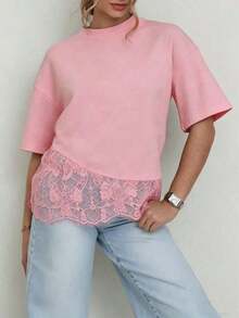 Camiseta de manga corta con parche de encaje de punto de unicolor, casual, deportiva, para uso en oficina en primavera/verano, color blanco - Rosa - Ver 3