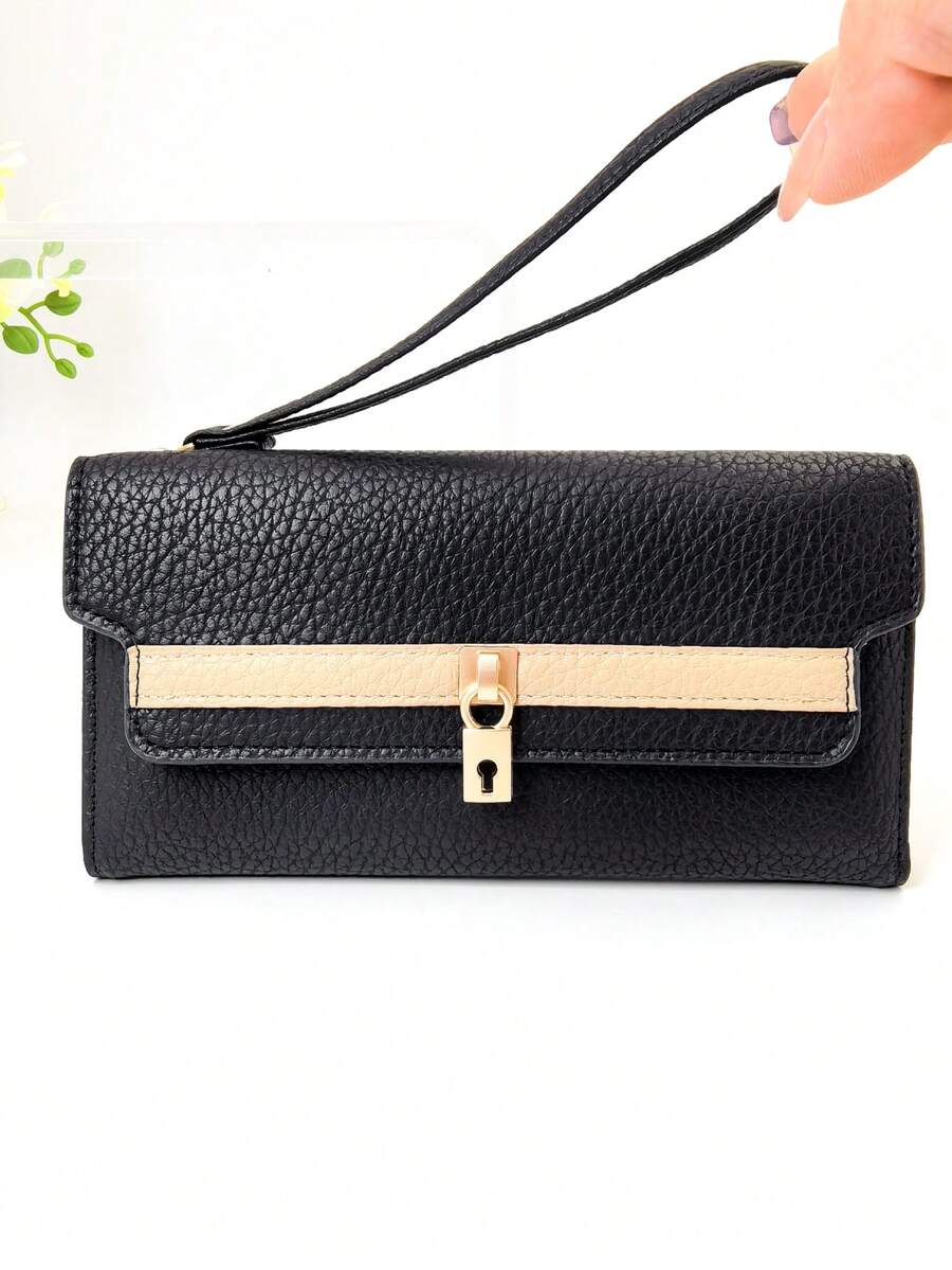 1pc Mini Handheld Wallet, Patchwork Colorblock Multi-Function Long Wallet Card Holder, Magnetic Closure Compact Soft Lightweight - Black - View 1
