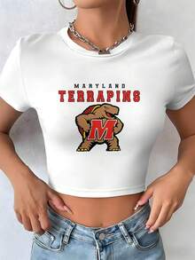 Women's Short T-Shirt Maryland Terrapins Logo Print Short Sleeve Cropped Top Suitable For Everyday Wear And Outdoor Activities, A Must-Have Item For Summer. (2) - trắng - Xem 1