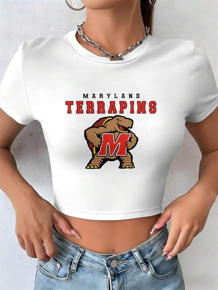 Women's Short T-Shirt Maryland Terrapins Logo Print Short Sleeve Cropped Top Suitable For Everyday Wear And Outdoor Activities, A Must-Have Item For Summer. (2) - trắng - Xem 1