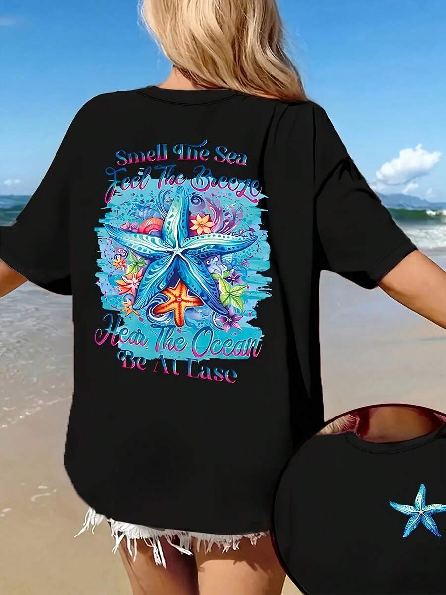 Women's Short-Sleeved T-Shirt, Vacation Style, Elegant And Casual, Summer Top That Goes With Everything. - 黑色 - 查看 1