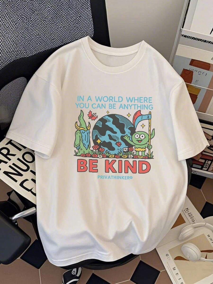 Men's 100% Casual Short Sleeve T-Shirt - Breathable Summer T-Shirt With "IN A WORLD WHERE YOU CAN BE ANYTHING" Graphic Print, Relaxed Fit, Crew Neck, Comfortable For Everyday Wear - 白色 - 查看 1