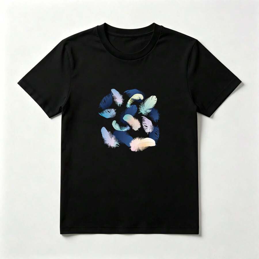 Plumas Degradadas Playera de Algodón Negro Suave y Fresca - Negro - Ver 1