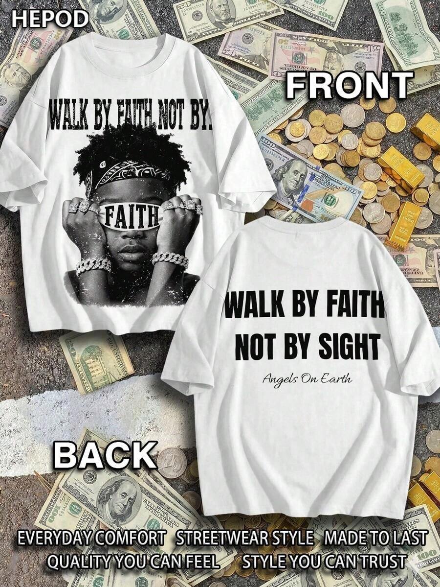 Premium Casual Unisex T-Shirts, Graphic Tees For Men, Urban Style Cotton T-Shirt, Round Neck, Loose Fit, For Autumn Travel And Holidays, Unisex, Gothic And Y2K Style, Print "Walk By Faith, Not By Sight". - 白色 5 - 查看 1