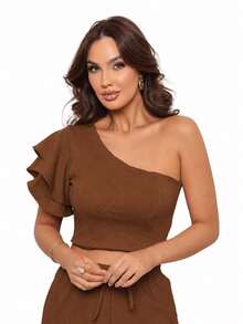 Cropped One Shoulder Mula Manca Women's Top With Ruffle, Single Sleeve Blouse, Asymmetrical, Luxury Basic - 鏽棕色 - 查看 2