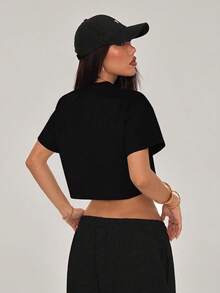 Camiseta corta negra con letras brillantes de colores, estilo casual juvenil - Negro - Ver 3