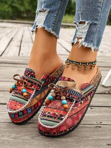 New Thick Sole Soft Surface Women's Sandals, Bohemian Style, Beach Vacation Home Travel, Slip-On Sandals Slippers - Red - View 2