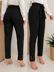 Women's Skinny Linen High-Waisted Trousers With Slash Pockets And Front Tie – Elegant Formal Style, Modern Tailoring, Chic Fitted Cut For Work, Events, And Sophisticated Casual Fashion Looks - 黑色 - 查看 1