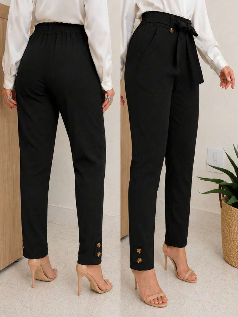 Women's Skinny Linen High-Waisted Trousers With Slash Pockets And Front Tie – Elegant Formal Style, Modern Tailoring, Chic Fitted Cut For Work, Events, And Sophisticated Casual Fashion Looks - 黑色 - 查看 1
