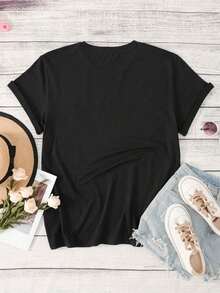 Plus Size, Elegant White T-Shirt For Women With Red Heart Print - Casual Crew Neck, Short Sleeve, Perfect For Spring And Summer, Machine Washable, Blend, Summer Fashion | Crew Neck T-Shirt | Women's T-Shirt With Shiny Texture - 黑色 - 查看 3
