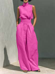 2026 New Foreign Trade European American Women Cotton Linen Sleeveless Top & Long Pants Casual Two Piece Set - 玫紅色 - 查看 1