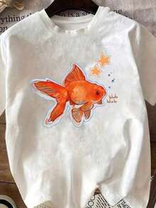 Stylish And Fashionable Clothing: Women's Casual Short Sleeve T-Shirt - Cute Cartoon Goldfish Print With The Phrase "Fish Like Me", High Elasticity Ice Silk Fabric, Breathable Summer Top, Machine Washable, Versatile For All Seasons, Fun Design, Non-See-Through Material, Soft And Comfortable, Slim Fit Elastic Cut, Ideal For Daily Wear, Wardrobe Basic. - 白色 - 查看 4