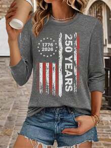 Women's 250th Anniversary T-Shirt, Three-Quarter Sleeve, Crew Neck, Patriotic Print 250th Anniversary Of American Independence 1776-2026, Soft And Breathable Fabric, Casual Loose Fit, Showing American Pride, For 4th Of July And Celebrations. 100% Cotton - 灰色 - 查看 4
