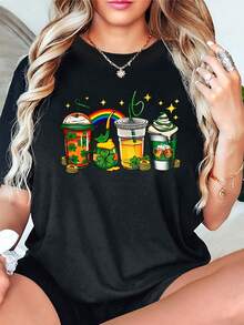 Camiseta ligera para mujer con estampado de dibujos animados de té con leche, cuello redondo informal, manga corta, 9% de elasticidad, baja capacidad - Blanco - Ver 7
