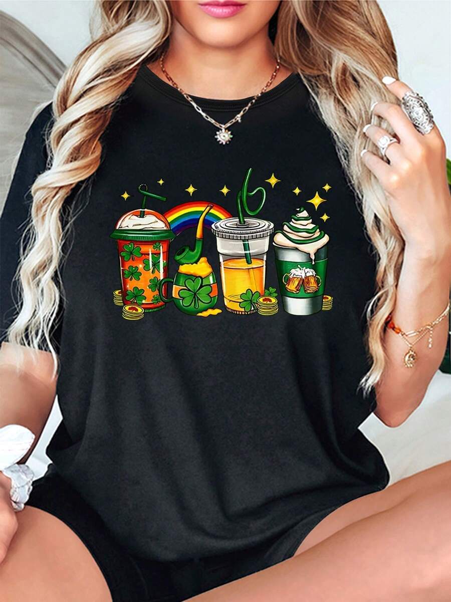 Women's Lightweight T-Shirt With Milk Tea Cartoon Print, Casual Round Neck, Short Sleeve, 9% Elasticity, Low Stretch Capacity, Suitable For All Seasons, Everyday Casual Wear. - 黑色 - 查看 1
