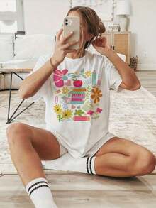 TrendyWomen's Boho Floral Graphic T-Shirt For Women - Casual Short Sleeve Round Neck Top With Colorful Floral Design, Lightweight Polyester For Summer And Spring, Perfect For Everyday Casual Outfits - 白色 - 查看 6