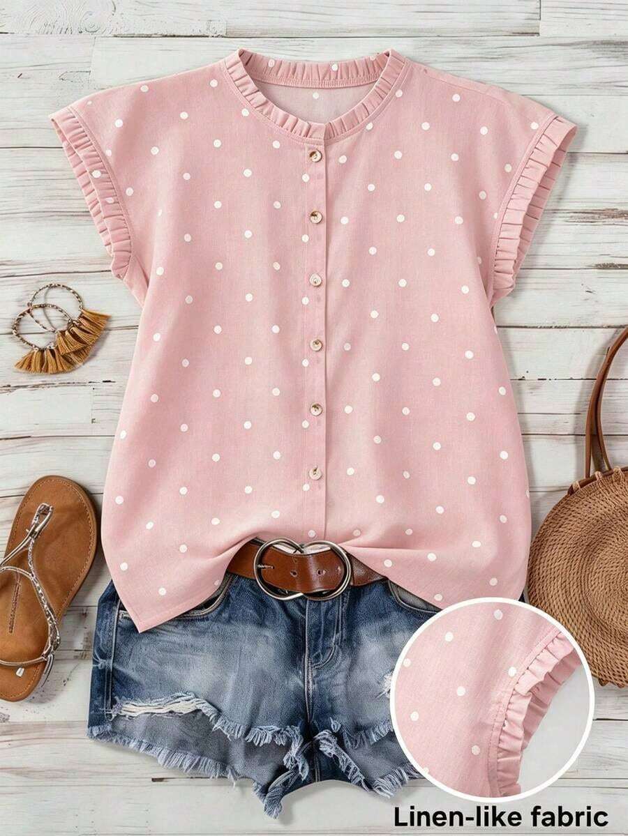 Blusa de mujer con cuello redondo, sin mangas, con volantes y estampado de lunares vintage francés, versátil para ir al trabajo, tomar el té por la tarde, uso diario, holgada y casual - Rosa - Ver 1