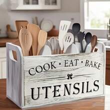 Portautensili in legno rustico extra large - Organizer da appoggio o da parete con 3 scomparti, adatto per attrezzi da cucina e da forno, supporto multifunzione per la cucina di alta qualità - Multicolore - Visualizzare 5