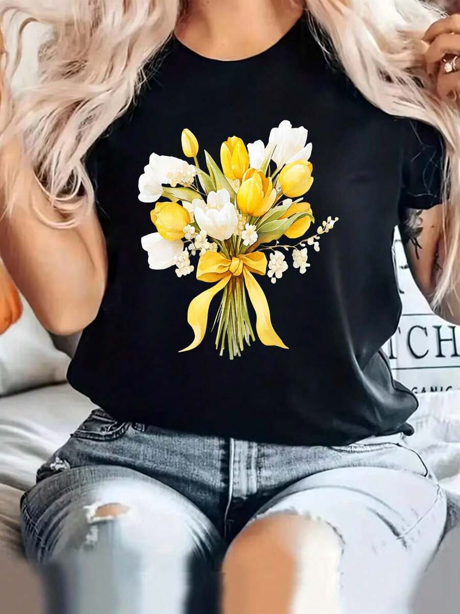 Una camiseta de mujer de manga corta, holgada, moderna, a la moda, retro y elegante, adecuada para actividades al aire libre en primavera y verano.Es una camiseta casual negra, decorada con un estampado de ramo floral amarillo y blanco, hecha de tela elástica, con cuello redondo, opaca y de ajuste cómodo.También es una camiseta estampada para hombre, adecuada para primavera, verano y otoño.blusas para mujer,blusas casuales para dama,tops,, mujer premium,y2k,playeras de mujer curvy,ofertas y liquidaciones ropa mujer,playeras deportivas para mujer,,playeras de hombre, mujer,blusas>elegante 0NIL - Negro - Ver 1