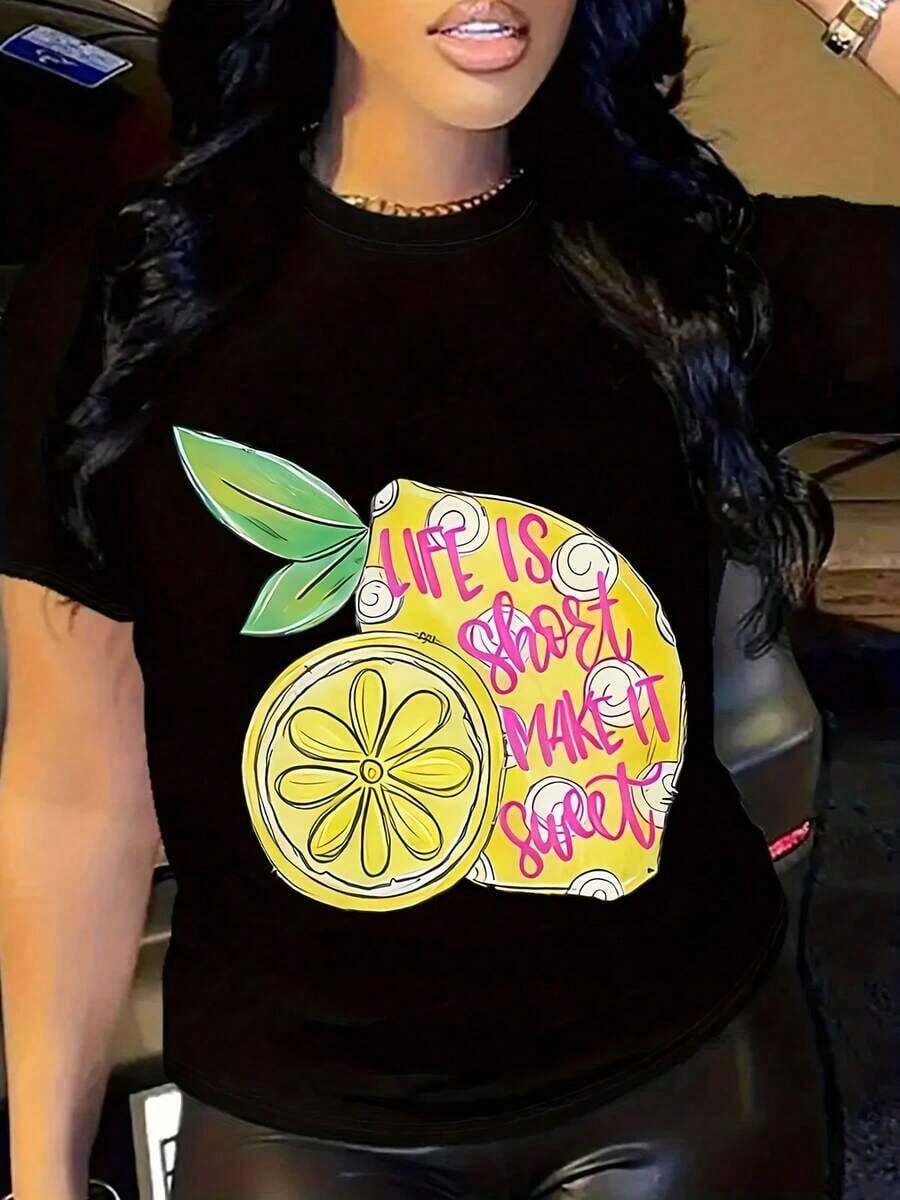 [Lemon Print T-Shirt] Lemon Print T-Shirt, Life Is Short, Sweet Citrus Print Holiday T-Shirt, Women's Clothing, Suitable As A Gift. Women's T-Shirt. Blouses>Elegant. Boho Chic, Soft, Breathable And Comfortable Women's Top, Ideal For Spring, Summer And Autumn, Perfect For Holidays, Travel And Everyday Wear. - 黑色 - 查看 1