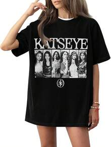 Camiseta gráfica de mujer Katseye, top de manga corta con cuello redondo, mercancía para fans de Katseye, blusas para mujer, blusas, blusas casuales para mujer, tops casuales para mujer, tops de mujer, tops, unisex. - Negro - Ver 1