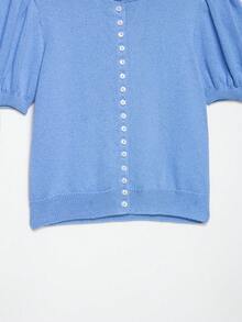 Áo khoác cardigan dệt kim tay phồng mùa xuân hè dành cho nữ của CAREE, áo len ngắn tay cài cúc phía trước, dáng ôm nhẹ, chất liệu mềm mại. - Màu xanh lam - Xem 6