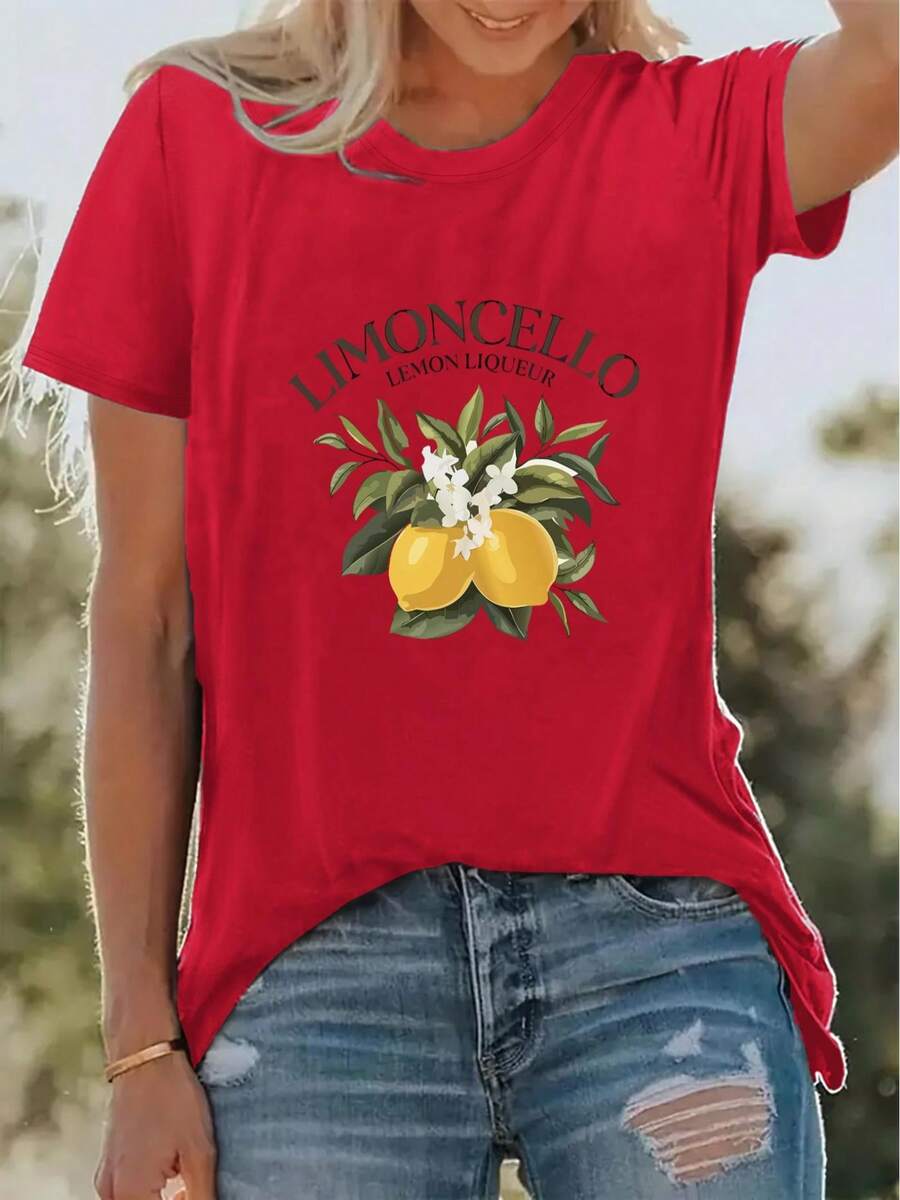 Soft New Summer T-Shirt With Lemon Print, Basic Casual Round Neck Style, Short Sleeve T-Shirt For Spring/Summer Vacation, Stretch Blend, Women's Sportswear, New Women's Clothing, Machine Washable, Elegant Blouses For Women. - 紅色 - 查看 1