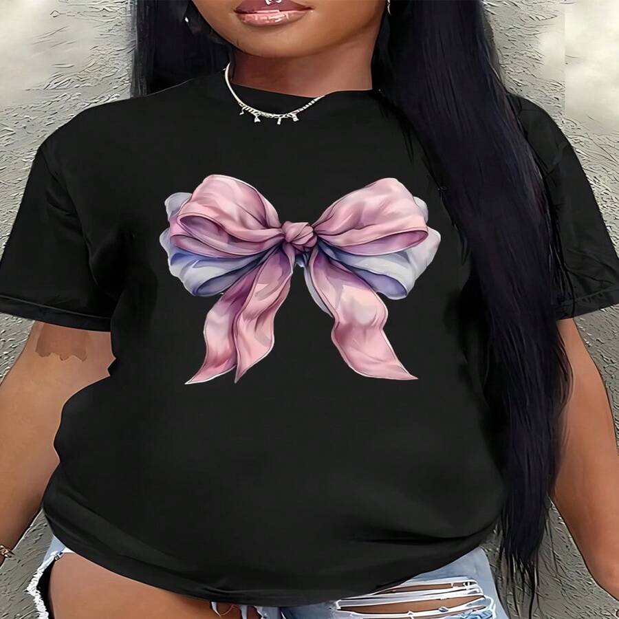 Women's Black Cotton Regular Fit Round Neck Short Sleeve T-Shirt With Pink Bow Print Casual Sexy Elegant Style High Stretch Fabric - 黑色 - 查看 1