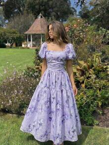 MOD Ditsy Floral Print Midi Dress For Tea - Purple - View 6