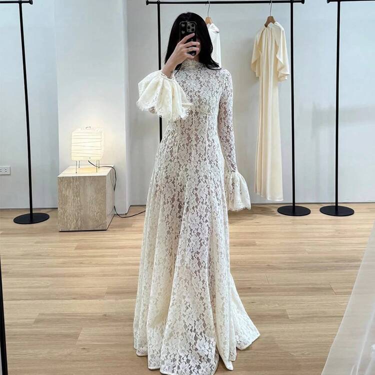 Summer Event Ready Cream Lace Maxi Dress, High Neck Bell Sleeve A-Line Wedding Guest Bridal Shower Formal Gown