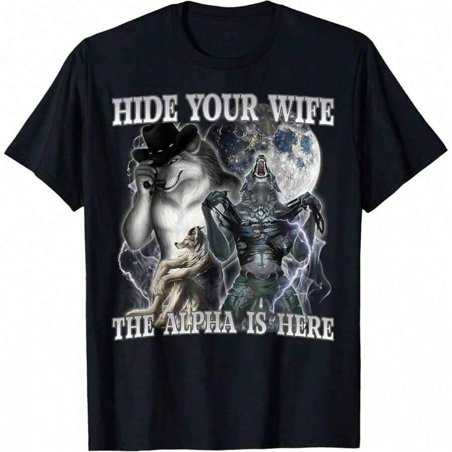 Men's Retro T-Shirt With Funny Meme Print 'Hide Your Wife, The Alpha Is Here' Wolf Design, Short Sleeve, Plus Size, Classic Thick Cotton, Graphic Print T-Shirt, Casual Short Sleeve Top For Women - 黑色 - 查看 1