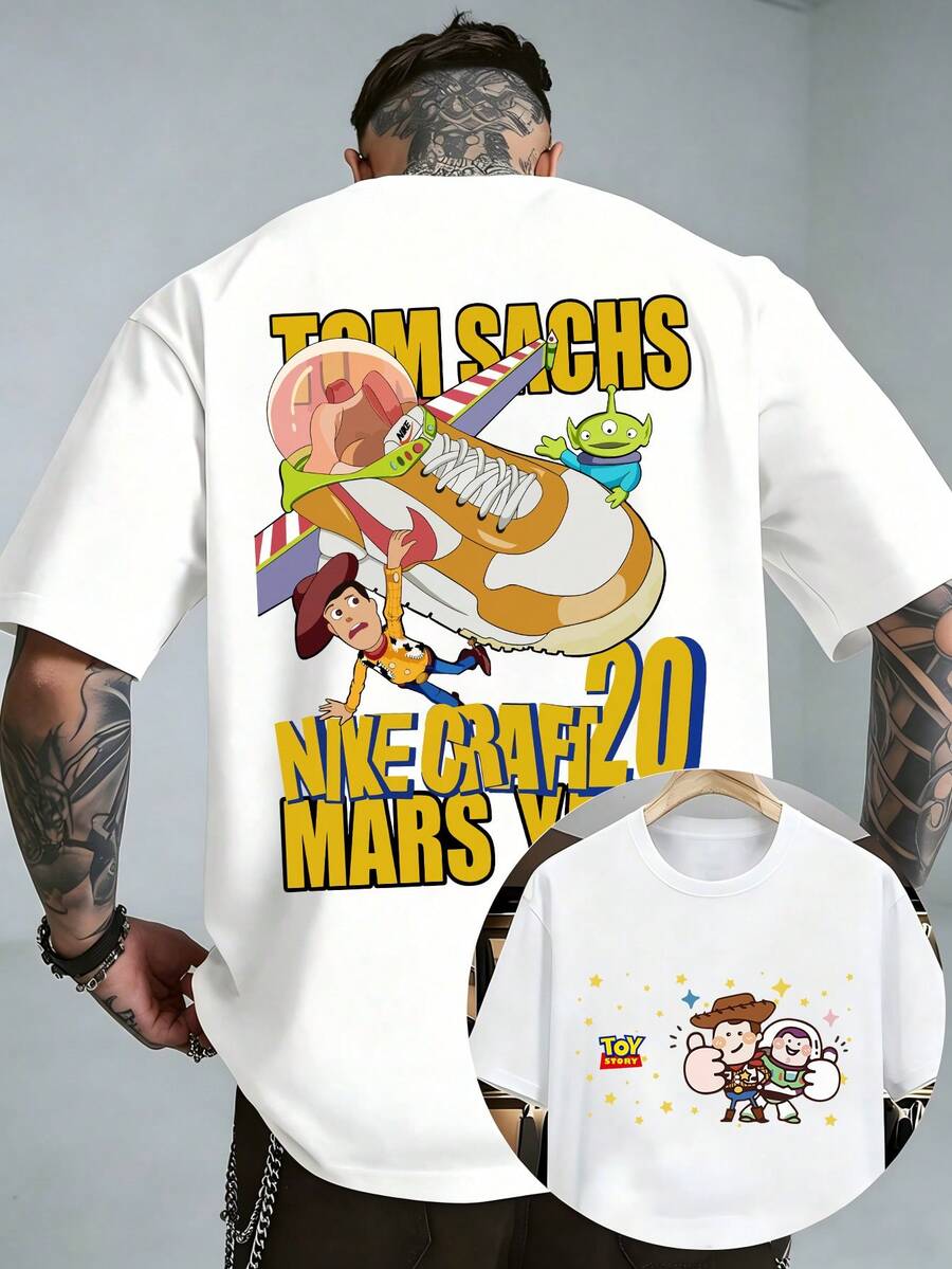Officially Licensed Disney Toy Story Woody Buzz Lightyear Alien Mars Sneaker Graphic T‑Shirts For Men 100% Cotton Short Sleeve Crew Neck Retro Cartoon Oversized Streetwear Tee Hip Hop Space Theme Summer Casual Daily Vacation Outfit - trắng - Xem 1