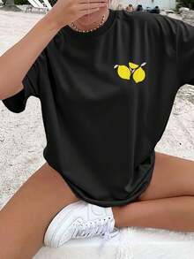 [Double-Sided Print] Women's Summer Loose-Fitting T-Shirt, Cool Style, A VITA Lemon Leaf Print, Round Neck, Short Sleeve, Dropped Shoulders, Pure Cotton Oversized T-Shirt [Ing K] Elegant Party Outfit, T-Shirt For Elegant Ladies, Blouses Suitable For Curvy Women, Prom Skirts, Casual Wear - 黑色 - 查看 2