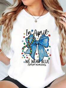 1 Piece Autism Awareness Support T-Shirt: In April We Wear Blue, Summer T-Shirts, Short Sleeve, Round Neck, Casual Top For Summer And Spring, Women's Clothing, 180g 100% Cotton - 白色 - 查看 6
