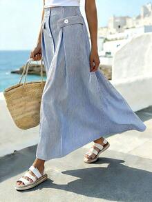 Women's Casual A-Line Skirt With Striped Front Buttons - 酒紅色 - 查看 5