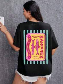 Women's Summer T-Shirt With Sardine Graphic Print, Short Sleeve, Round Neck, Casual, For Summer And Spring, Women's Clothing, Casual Short Sleeve Cotton T-Shirt For Summer Vacation - 黑色 - 查看 3