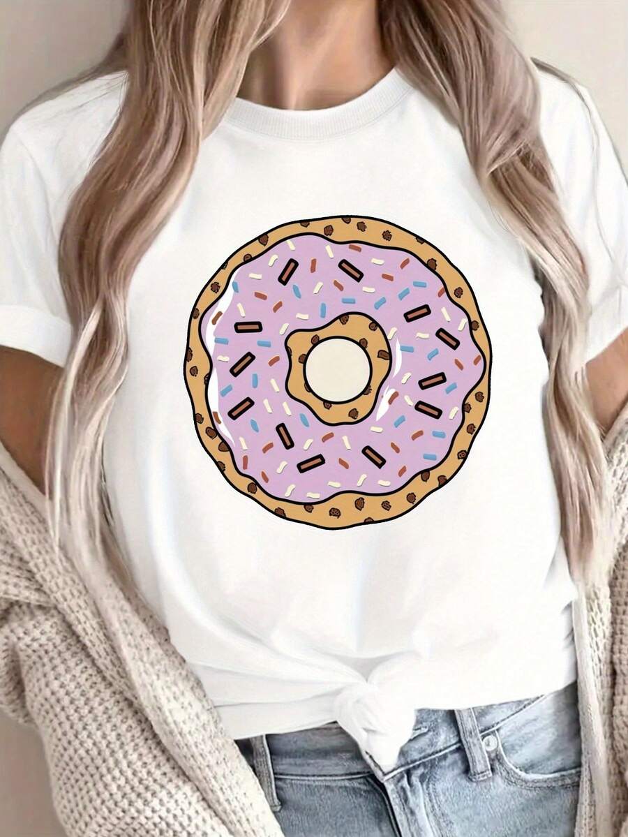 Comfortable Print. Women's G500L Pure Cotton T-Shirt With Leopard Donut Print, Comfortable Fit. Simple And Casual Summer Top. - 白色 - 查看 1