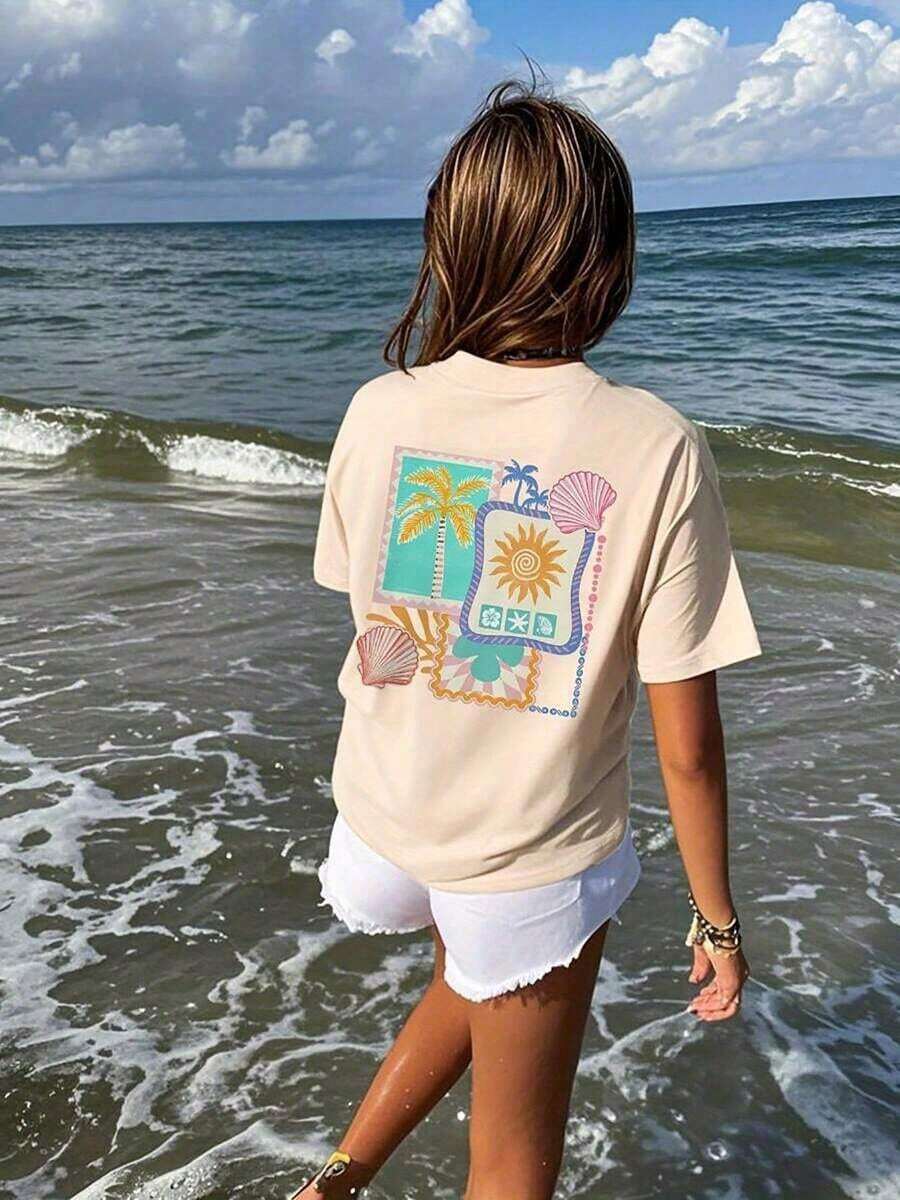Under The Radar Girls' Summer Tropical Graphic Print Short Sleeve T-Shirt, Student Letter Pattern, Short Sleeve T-Shirt For Adult Women, Letter Print Tee, Regular Crew Neck, Breathable Fabric - Unisex Loose Fit Cotton Short Sleeve Crew Neck T-Shirt, Vintage Urban Style. Unisex Loose Fit Cotton Short Sleeve Crew Neck T-Shirt, Vintage Urban Style - 杏色 - 查看 1