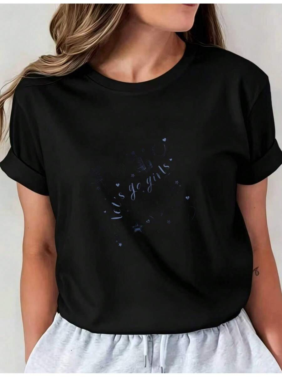 Premium Western-Style Print Design Featuring Wine Bottles, Boots, And Cacti. This Women's Short-Sleeve T-Shirt Is Stylish And Comfortable, With A Unique Casual Print, Making It Perfect For Warm Weather. I01 Casual Crew Neck T-Shirt, Comfortable Women's Clothing, - 黑色 - 查看 1